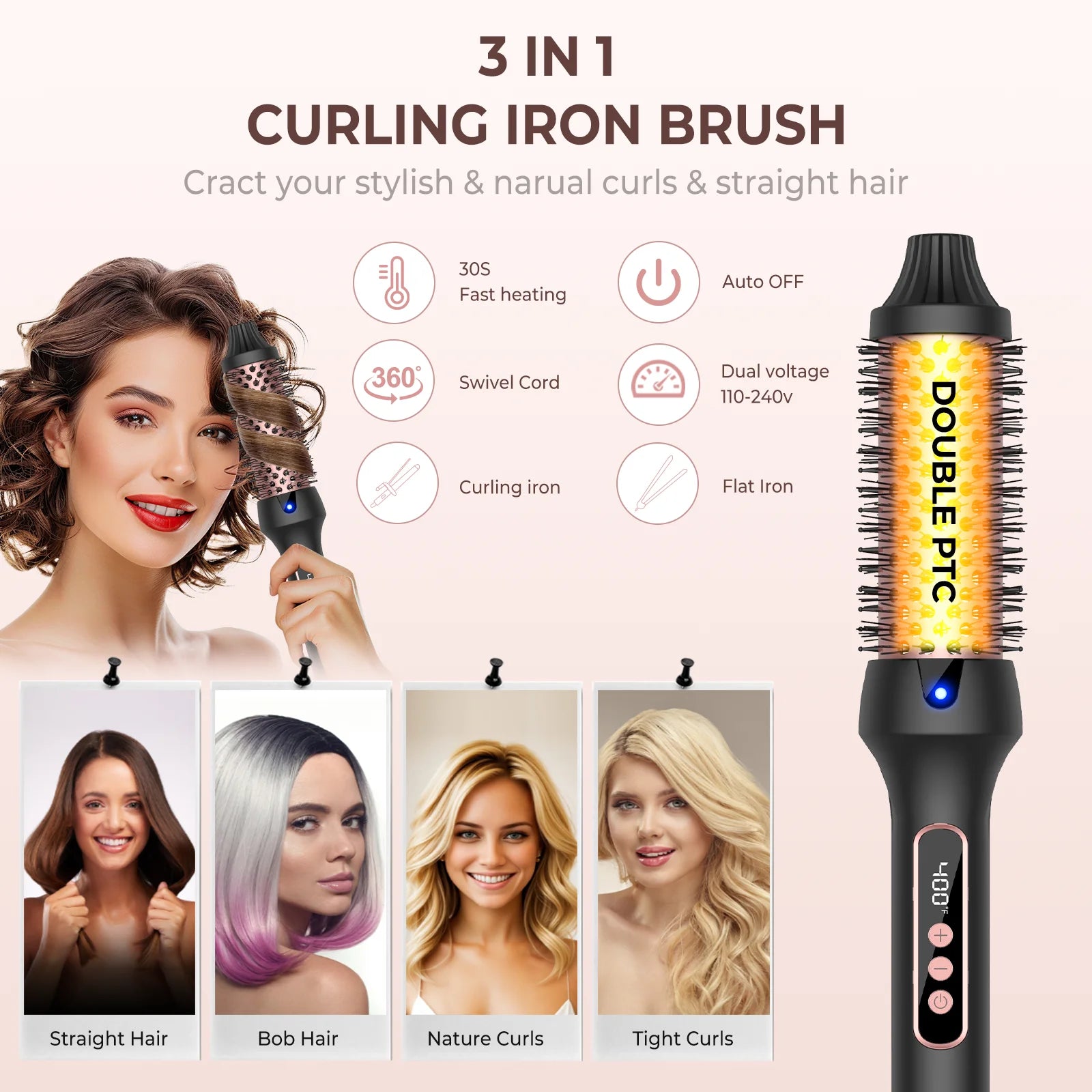 Heating round Brush Thermal Brush Ceramic Curling Iron Hair Styling Tool 9 Temperature Settings Curling Wand Travel Hair Curler