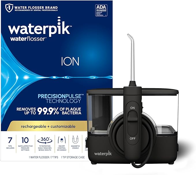 Waterpik ION Professional Water Flosser, Rechargeable and Portable for Teeth, Gums, Braces, 10 Settings, 7 Flossing Tips For Multiple Users And Needs, ADA Accepted, WF-12 Black, Packaging May Vary