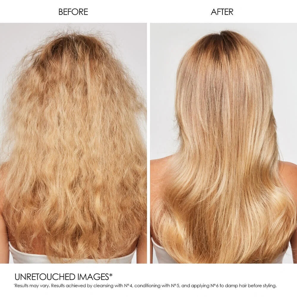 Before and after comparison of hair treatment results on a person with blonde hair. by olaplex