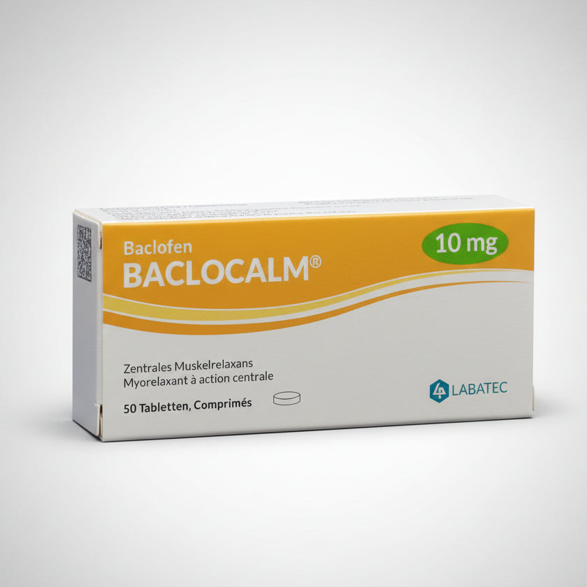 Baclocalm 10 g 50 tablets baclofen muscle relaxant tablet box