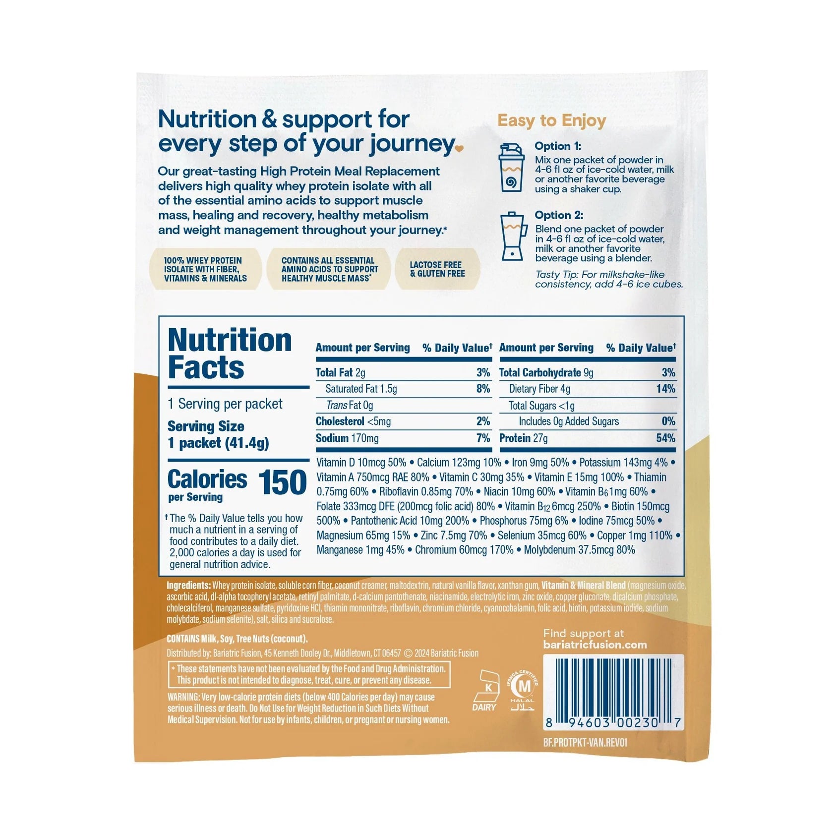 Bariatric Fusion Vanilla High Protein Meal Replacement 41.5 oz with 27 g protein Health Boutique
