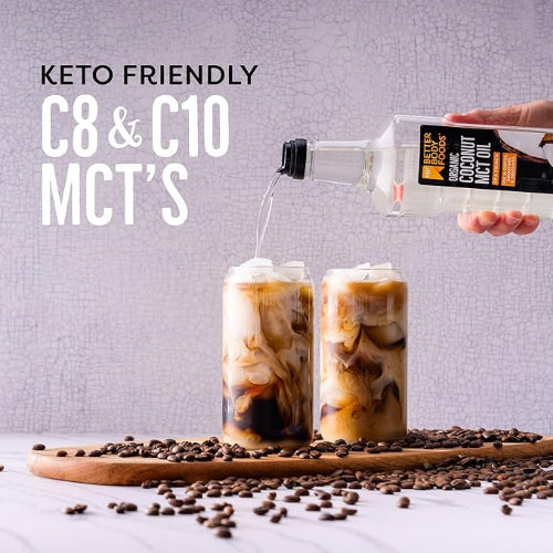 BetterBody Foods Organic Liquid Coconut MCT Oil C8 500 ml with coffee – premium MCT oil Jordan for clean energy, metabolism, and keto support, available at HealthBoutiqueJo.com.