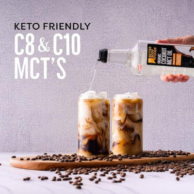 BetterBody Foods Organic Liquid Coconut MCT Oil C8 500 ml with coffee – premium MCT oil Jordan for clean energy, metabolism, and keto support, available at HealthBoutiqueJo.com.