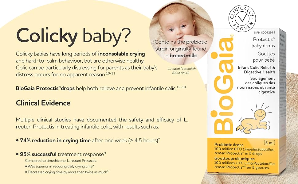 BioGaia Protectis Baby Drops – probiotic supplement for infants to relieve colic, gas, and boost immunity – 5ml bottle available at HealthBoutiqueJO.com
BioGaia Probiotic drops packaging with text about colicky babies and clinical evidence.