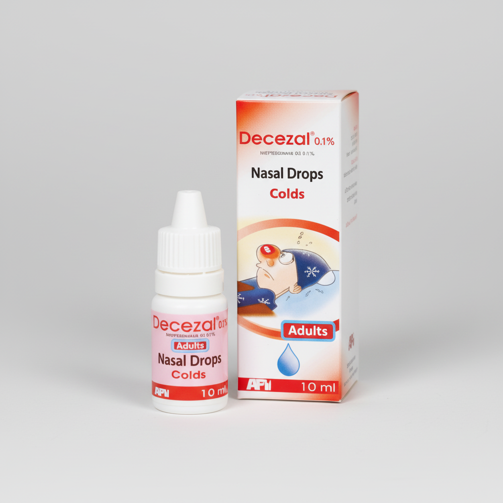 Decozal 0.1% adult nasal drops 10ml xylometazoline nasal decongestant bottle pharmaceutical product Health Boutique