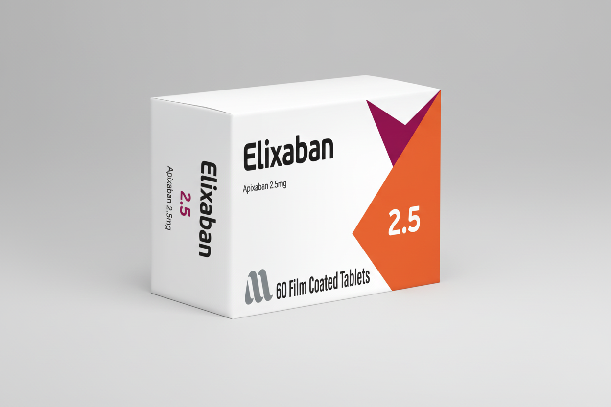 Elixaban 2.5 mg film coated tablets apixaban anticoagulant blood thinner medication
