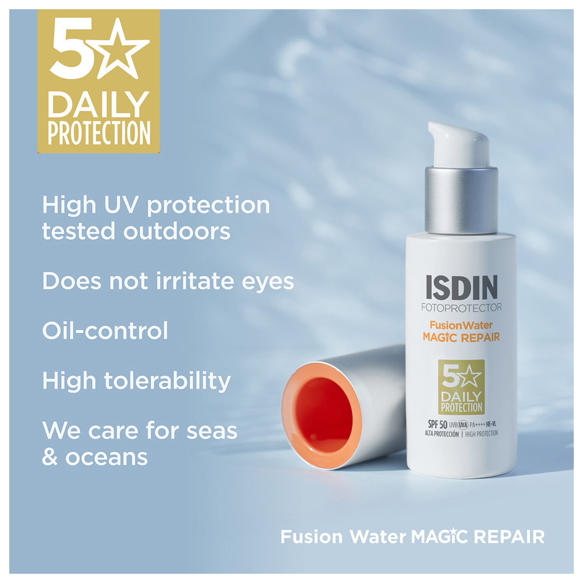 ISDIN Fusion Water Magic Repair SPF 50 50ml DNA repair sunscreen hyaluronic acid peptides face fluid Health Boutique