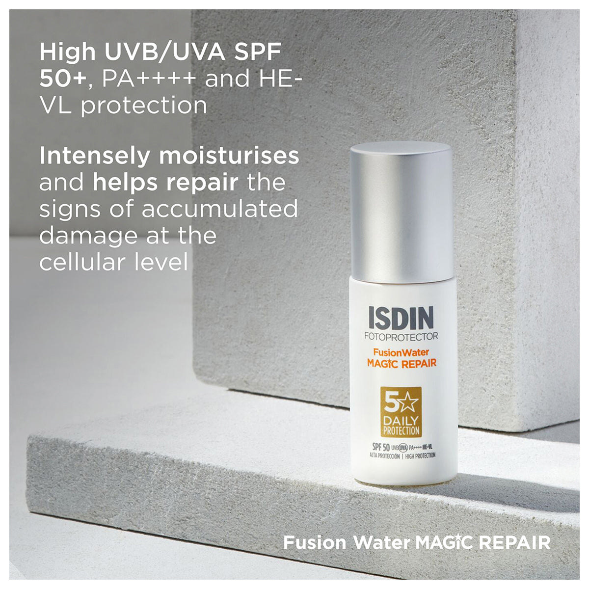 ISDIN Fusion Water Magic Repair SPF 50 50ml DNA repair sunscreen hyaluronic acid peptides face fluid Health Boutique
