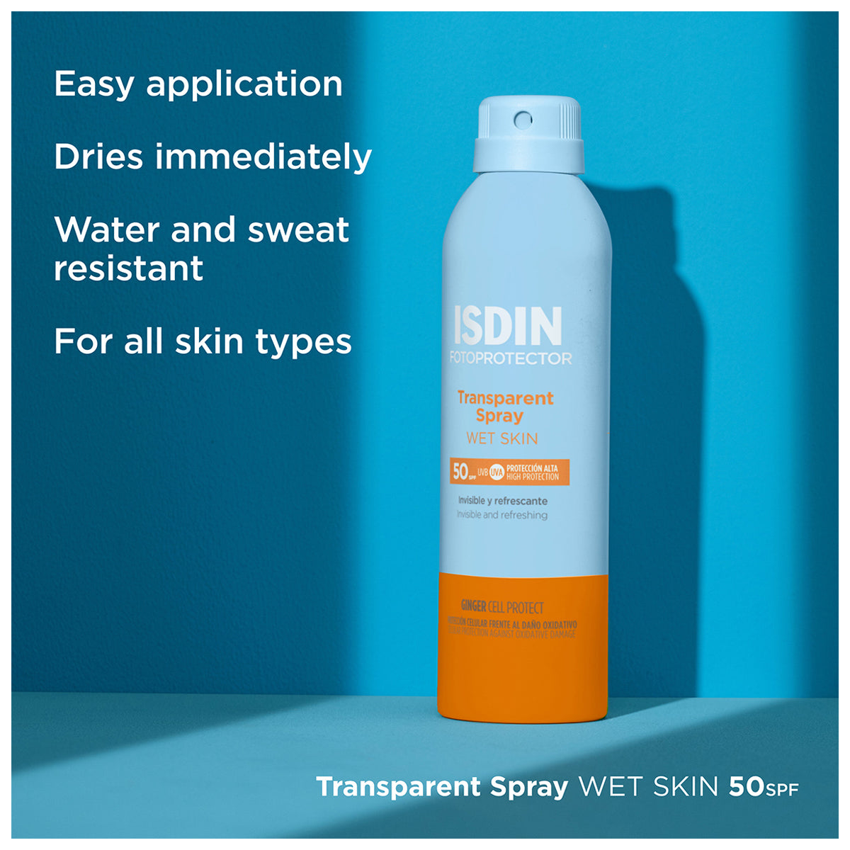 ISDIN Transparent Spray Wet Skin SPF 50+ 250ml broad spectrum sunscreen spray vitamin E ginger extract Health Boutique