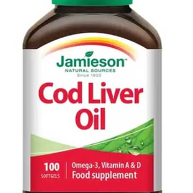 Jamieson cod liver oil capsules omega 3 EPA DHA vitamin A D3 heart brain bone immune support 100 capsules Health Boutique