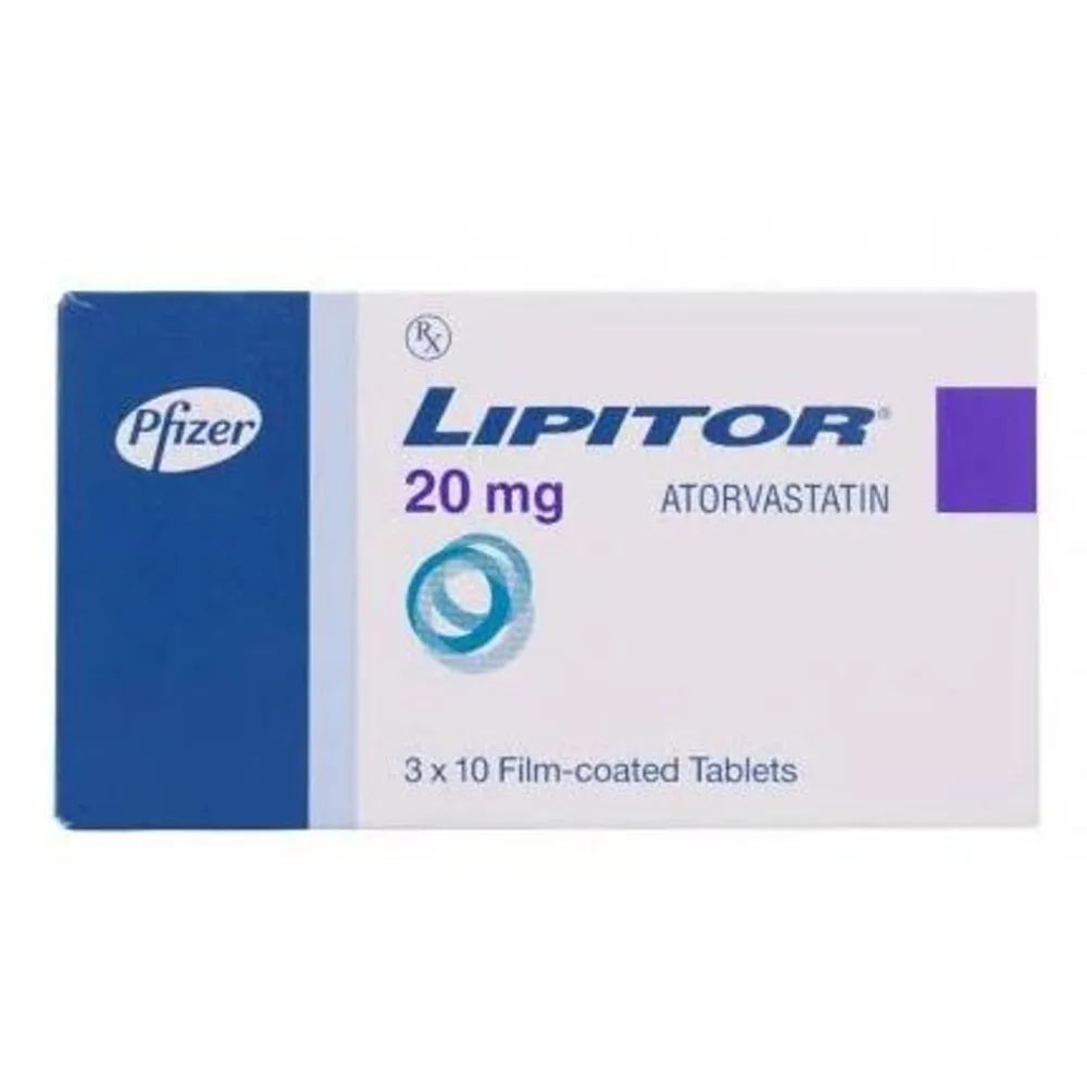 Box of Lipitor 20 mg atorvastatin by Pfizer on a white background health boutique Jordan