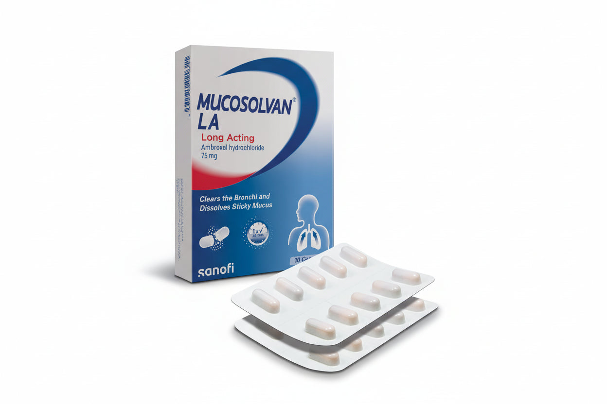 Mucosolvan LA 75 mg ambroxol capsule 10 prolonged-release mucolytic for productive cough