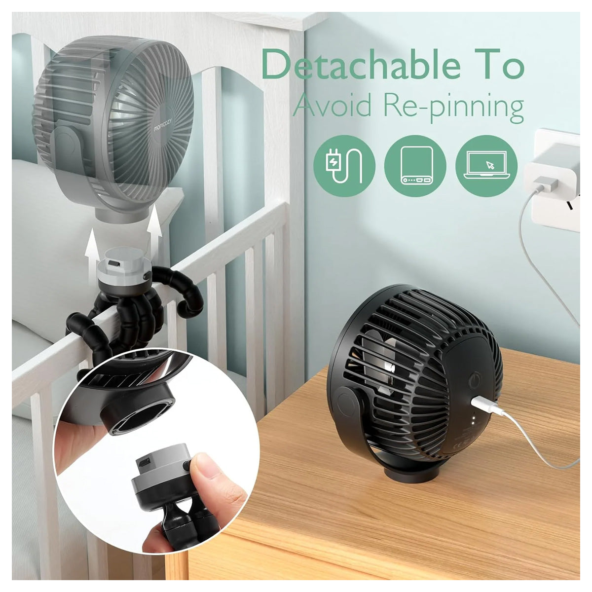Momcozy Portable Rechargeable Stroller Fan with Flexible Tripod and 3 Speeds