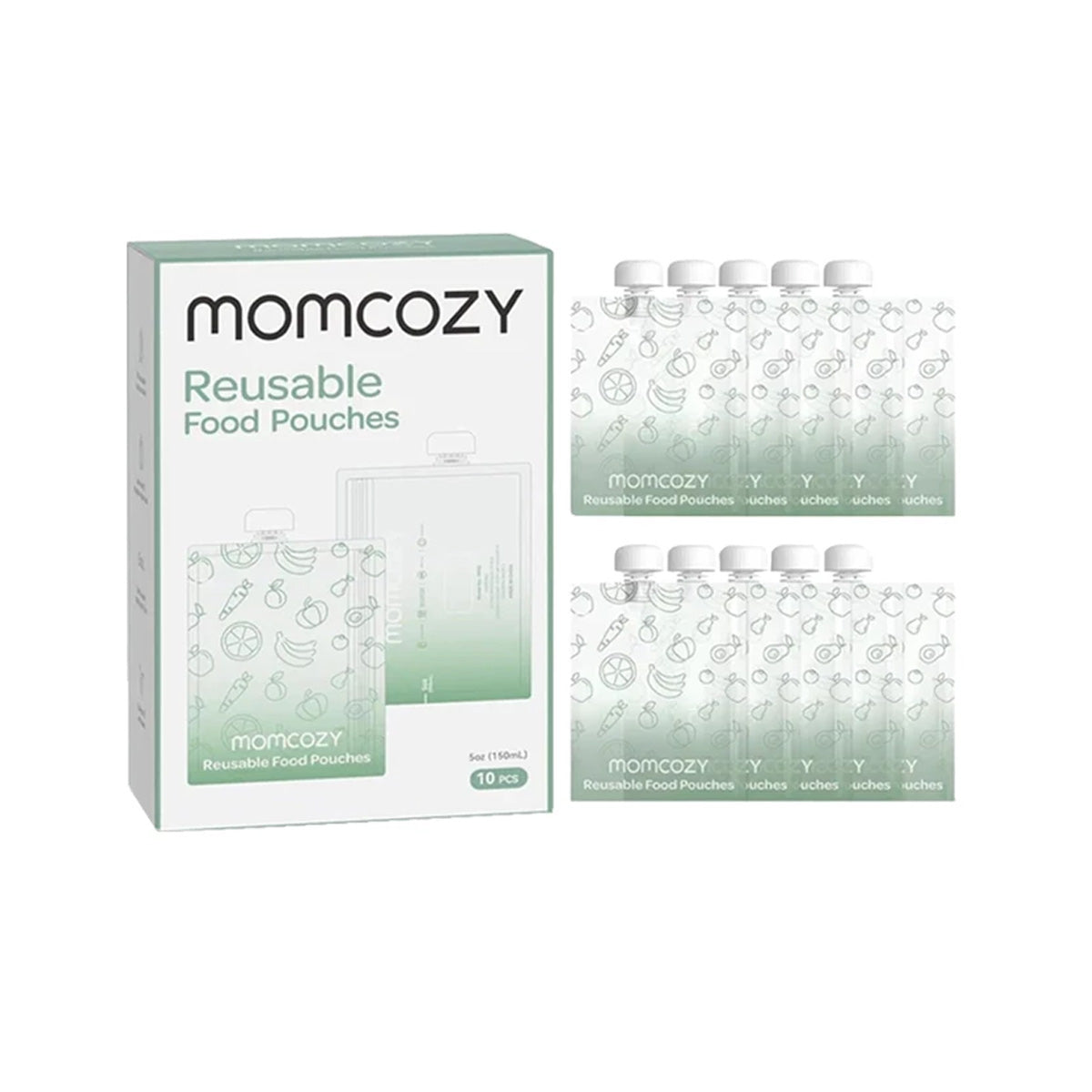 Momcozy Reusable Baby Food Pouches - BPA-Free Silicone Squeeze Pouches for Homemade Purees (Pack of 10, Leak-Proof Design, Easy to Clean, Dishwasher Safe, Eco-Friendly Feeding Solution, Travel-Friendly Baby Food Storage)