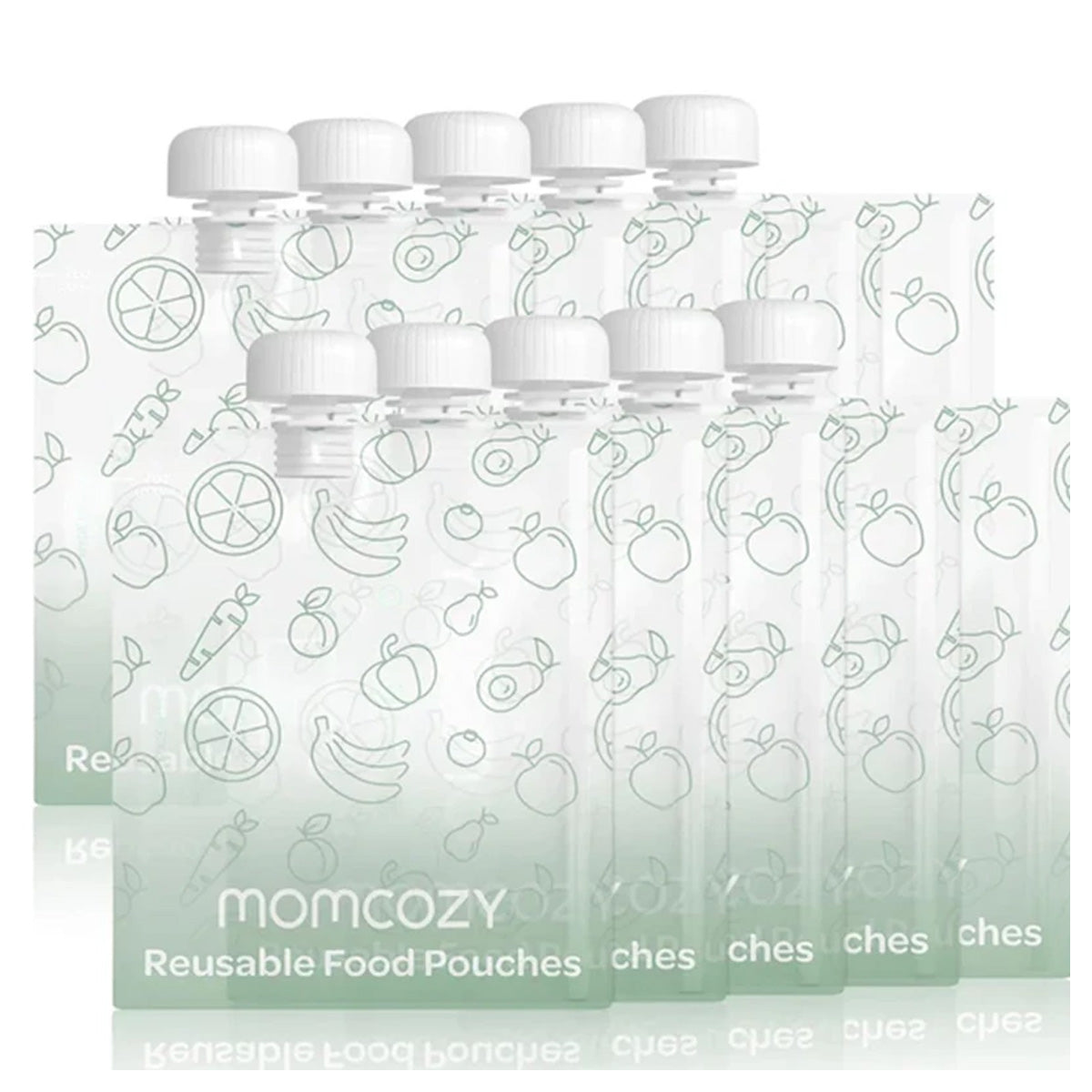 Momcozy Reusable Baby Food Pouches - BPA-Free Silicone Squeeze Pouches for Homemade Purees (Pack of 10, Leak-Proof Design, Easy to Clean, Dishwasher Safe, Eco-Friendly Feeding Solution, Travel-Friendly Baby Food Storage)