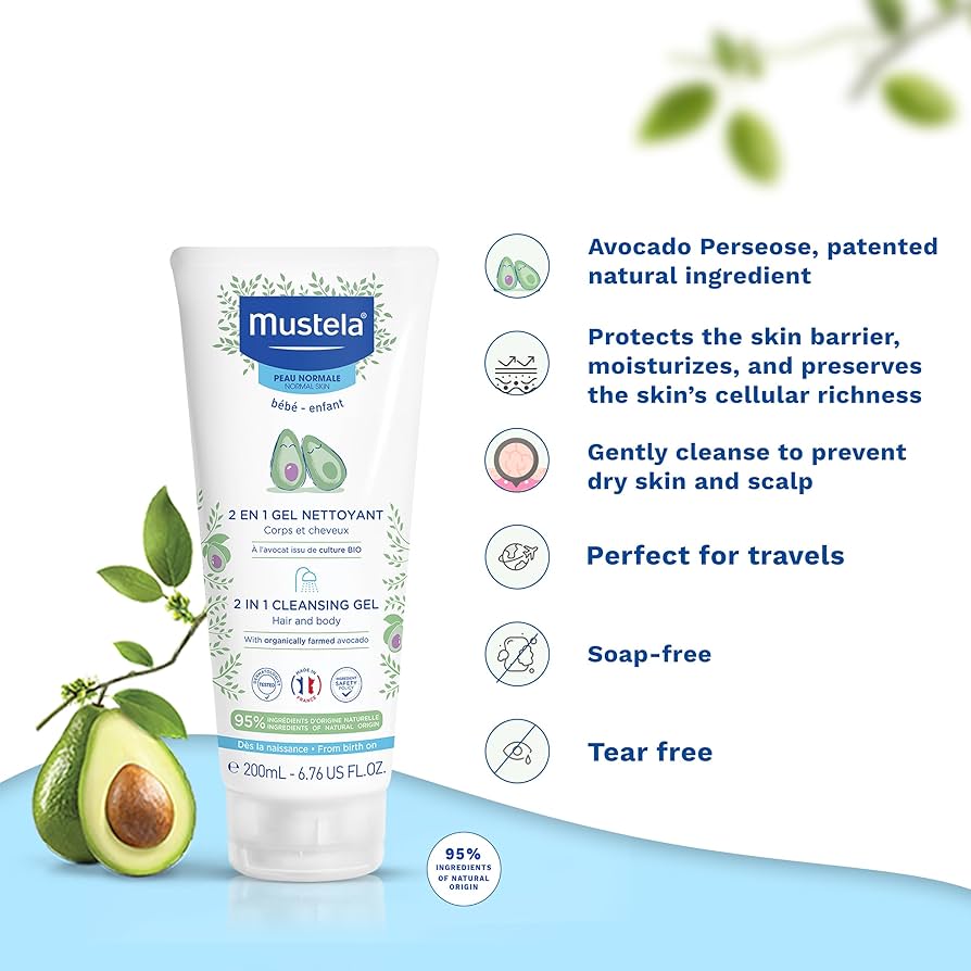 Mustela 2 In 1 Gentle Cleansing Gel Avocado Extract Baby Hair And Body Wash 200ml Health Boutique