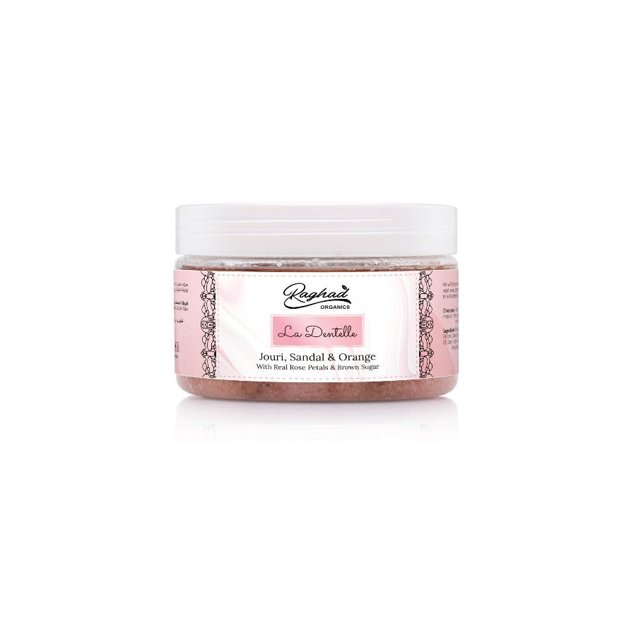 Raghad Organics La Dentelle Body Scrub 450ml Dead Sea salt exfoliating body treatment with rose petals Health Boutique