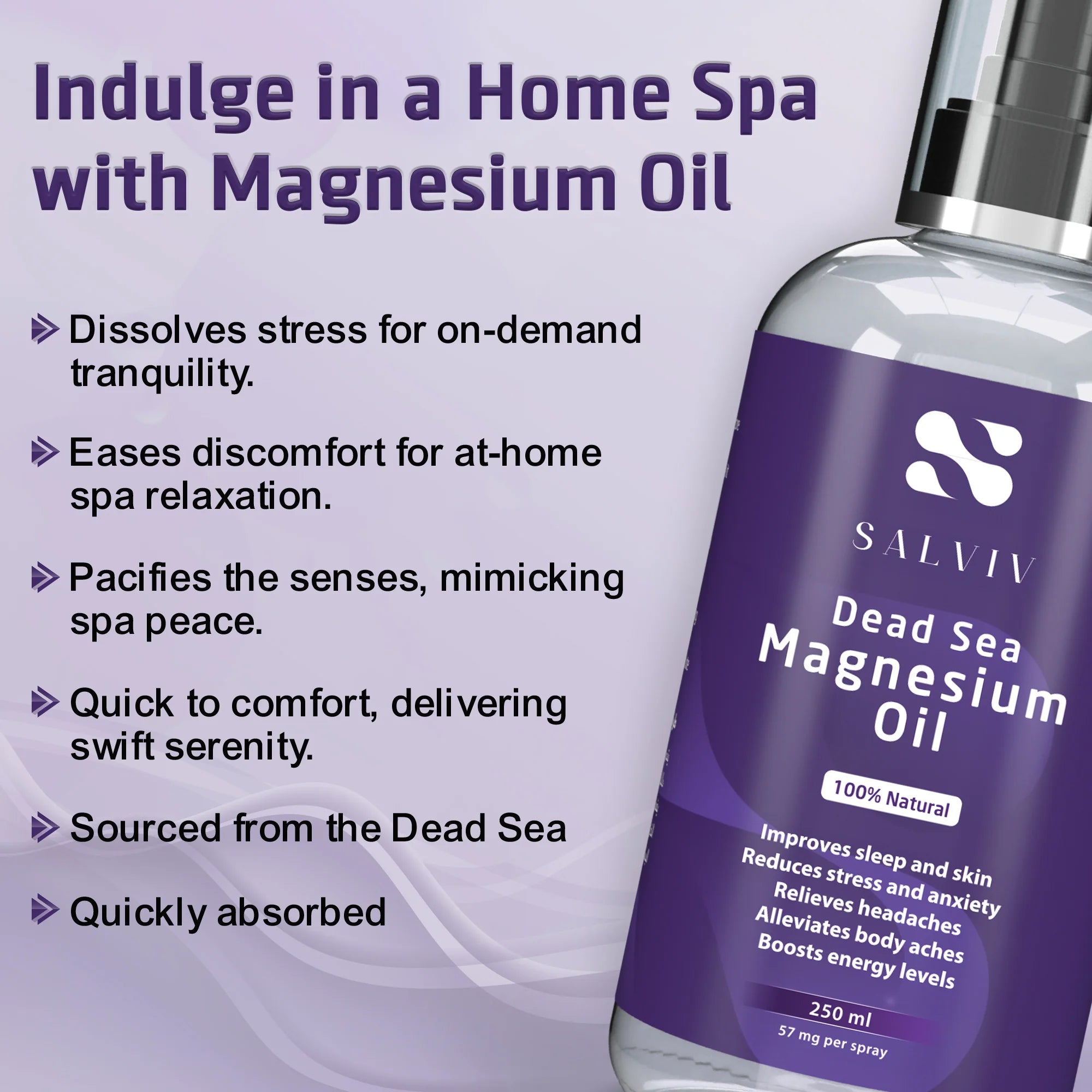 Bottle of Salviv Dead Sea Magnesium Oil with promotional text on a purple background | health boutique Germany