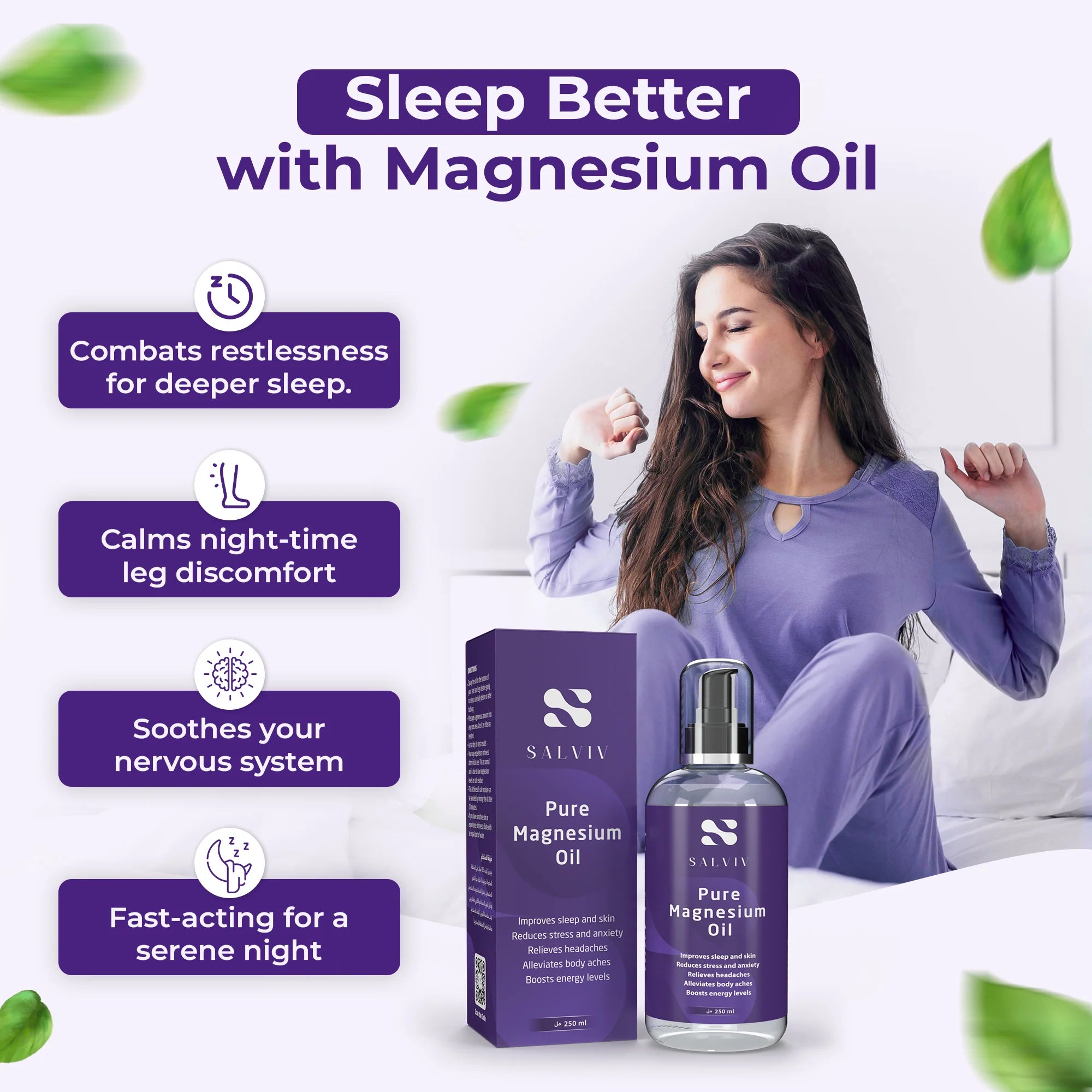 Promotional image for Salviv magnesium oil with a woman about sleep benefits | Health Boutique
