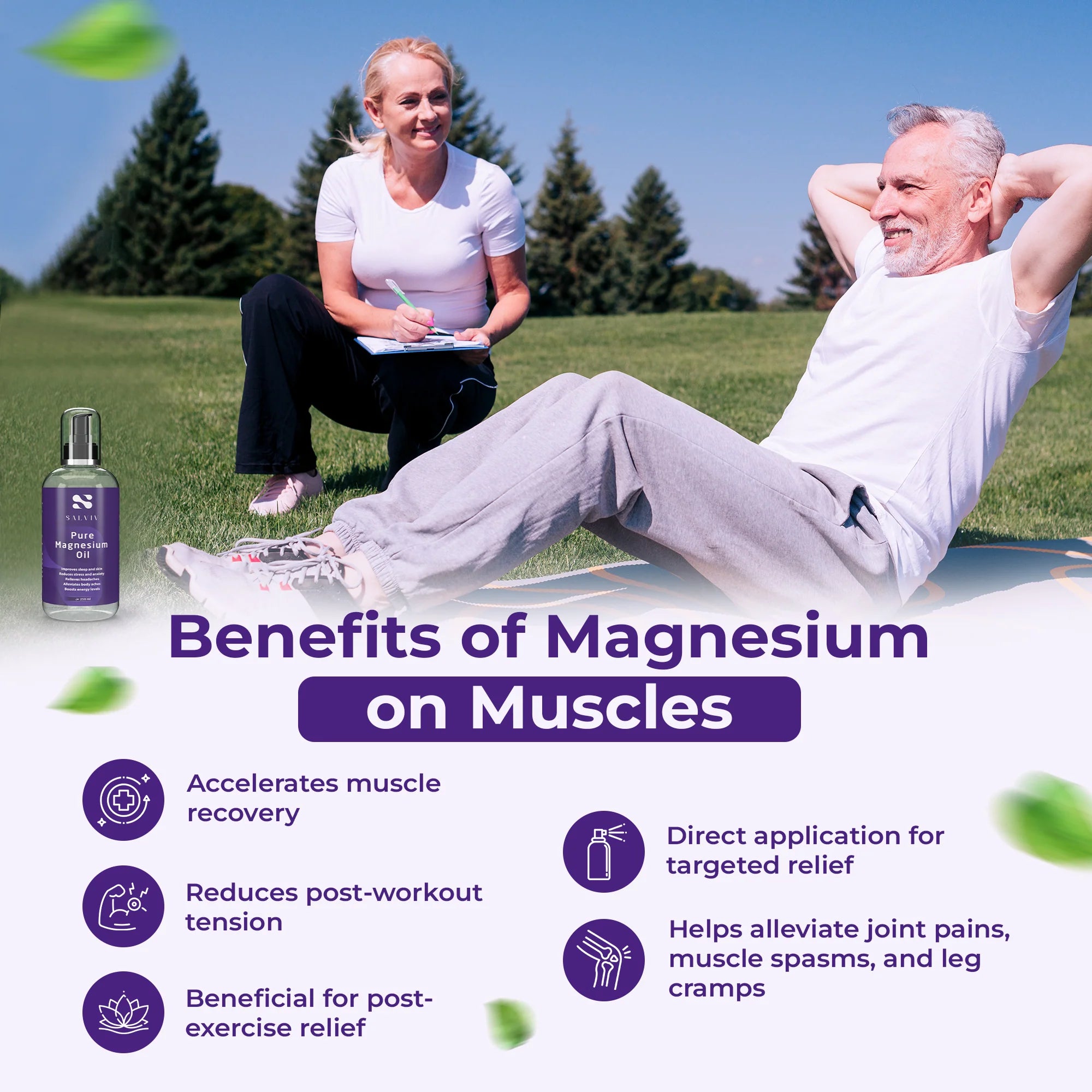 Man and woman exercising outdoors with a bottle of Salviv magnesium oil, highlighting the benefits of magnesium on muscles | health boutique