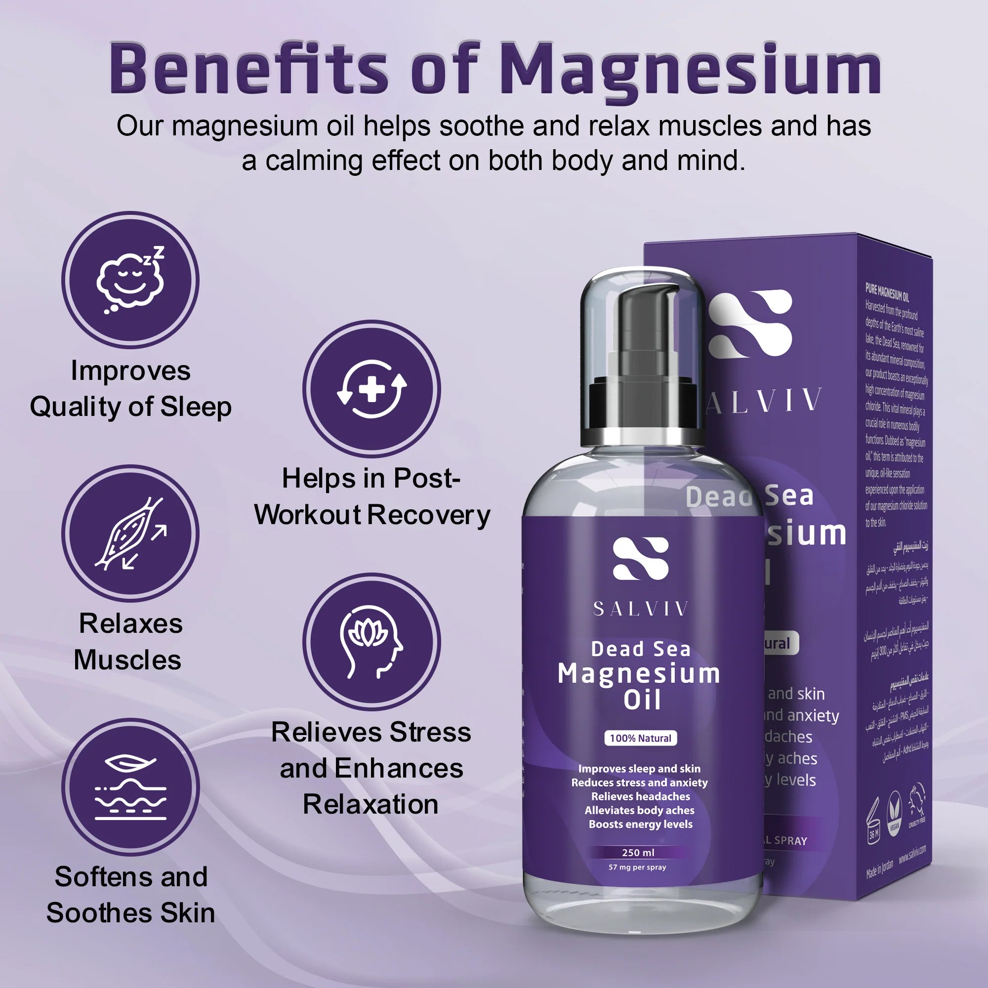Salviv Dead Sea Magnesium Oil with benefits listed on a light purple background | health boutique