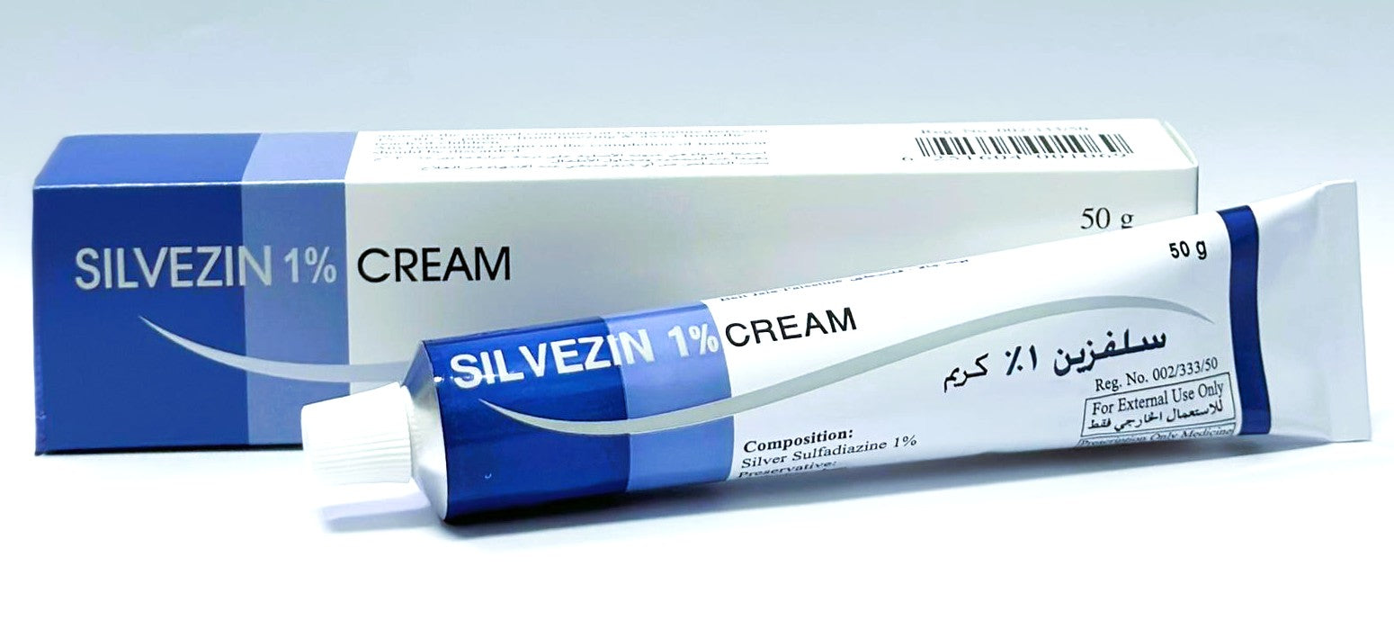 Silvezin silver sulfadiazine 1 percent antibacterial burn wound treatment cream 50 g tube Health Boutique