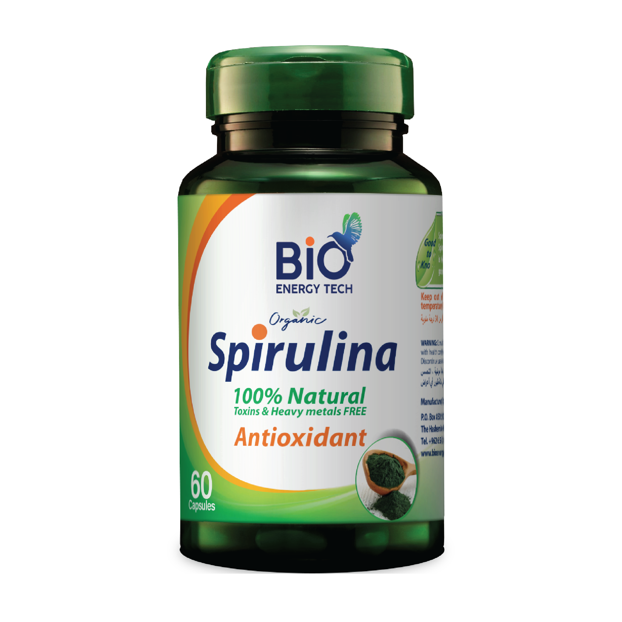Bio Energy Organic Spirulina 500 mg Capsules - Premium Immune & Energy Support Supplement - 60 Halal Certified Capsules
