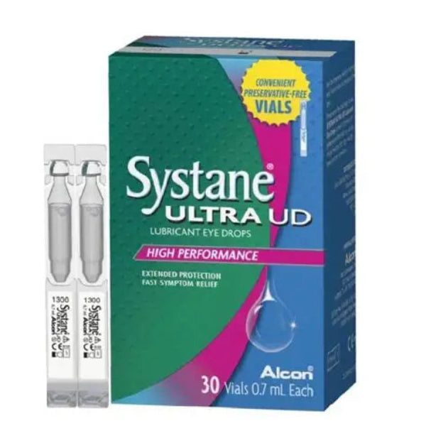 Systane Ultra UD 30x0.7ml preservative free unit dose dry eye drops box and vials