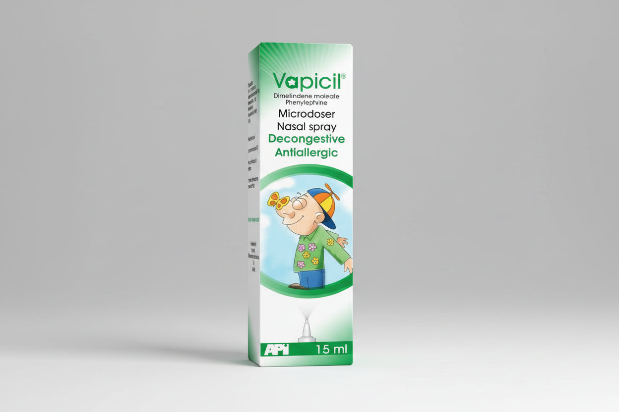 Vapicil phenylephrine dimethindene maleate nasal decongestant antihistamine nasal spray 15 ml bottle Health Boutique