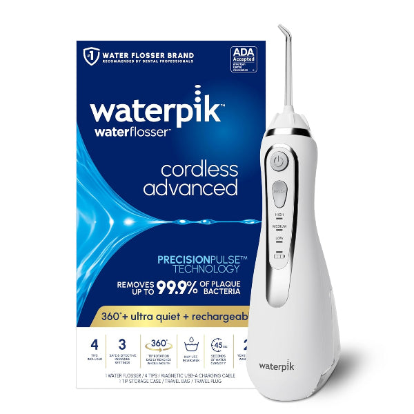 Waterpik Cordless Advanced 2.0 WP-580 White – rechargeable portable water flosser with 4 tips and travel bag, available at HealthBoutiqueJo.com. jordan