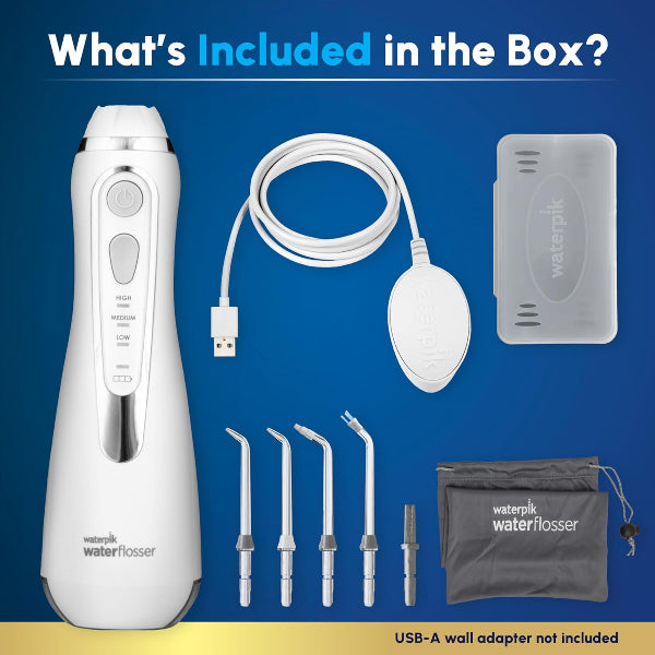 Waterpik Cordless Advanced 2.0 WP-580 White – rechargeable portable water flosser with 4 tips and travel bag, available at HealthBoutiqueJo.com. jordan