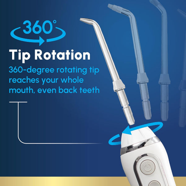 Waterpik Cordless Advanced 2.0 WP-580 White – rechargeable portable water flosser with 4 tips and travel bag, available at HealthBoutiqueJo.com. jordan