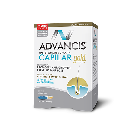Advancis Capilar Gold hair strength and growth supplement packaging on a white background health boutique jordan