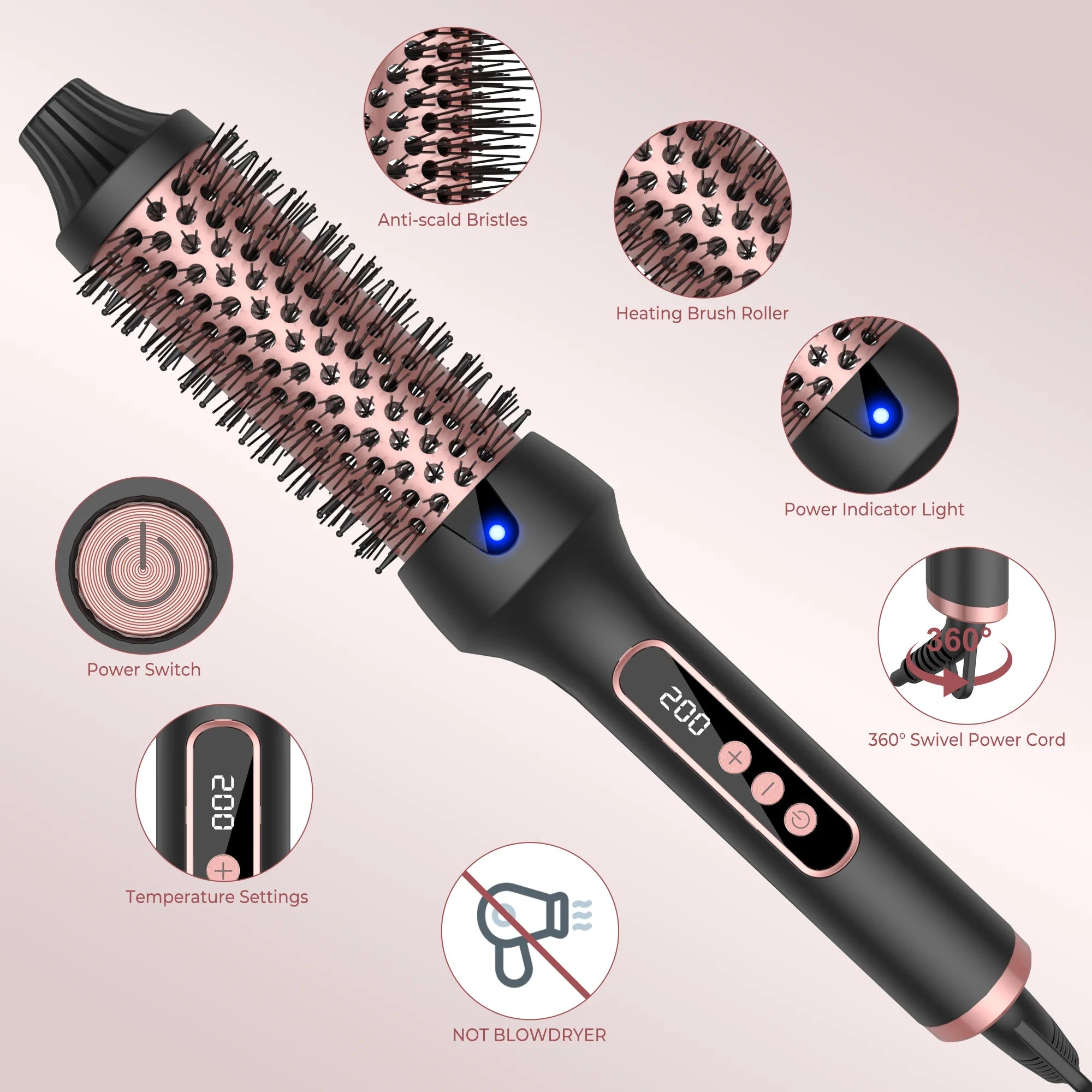 Heating round Brush Thermal Brush Ceramic Curling Iron Hair Styling Tool 9 Temperature Settings Curling Wand Travel Hair Curler