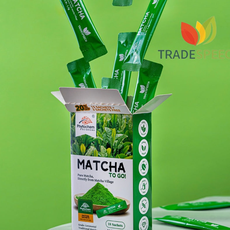 Phytochem Matcha Pure 18 Sachets – premium Japanese matcha green tea in single-serve sachets, rich in antioxidants, available at HealthBoutiqueJo.com with fast delivery