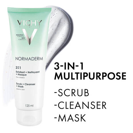 Vichy Normaderm 3 in 1 Cleanser, Scrub & Mask for Oily/Acne Skin with salicylic & glycolic acid 125ml