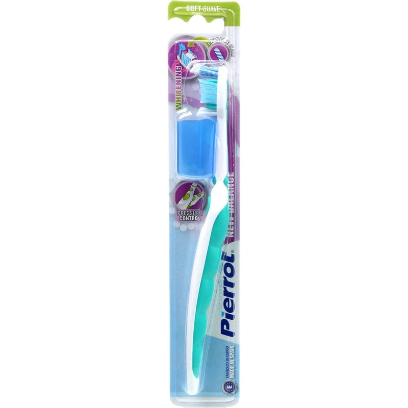 Pierrot Duro Soft Bristle Whitening Toothbrush with Protective Cap, Blue and White, Gentle on Gums, 1 Count Pack