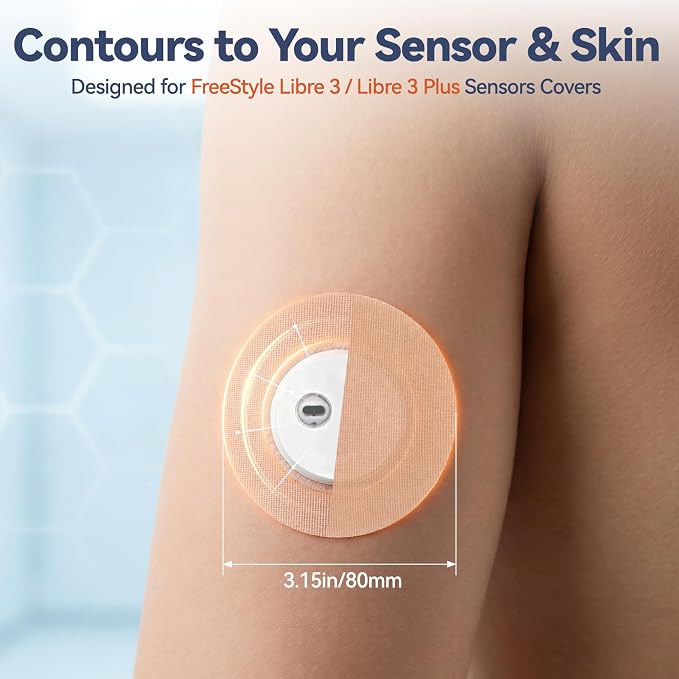 RHYZIA Freestyle Libre 3/Libre 3 Plus Sensor Covers, Non-Adhesive Center, Acrylic Pressure-Sensitive Adhesive, Breathable Waterproof Latex-Free, 24-Pack CGM Adhesive Patches, Low-Profile Fit (Nude)