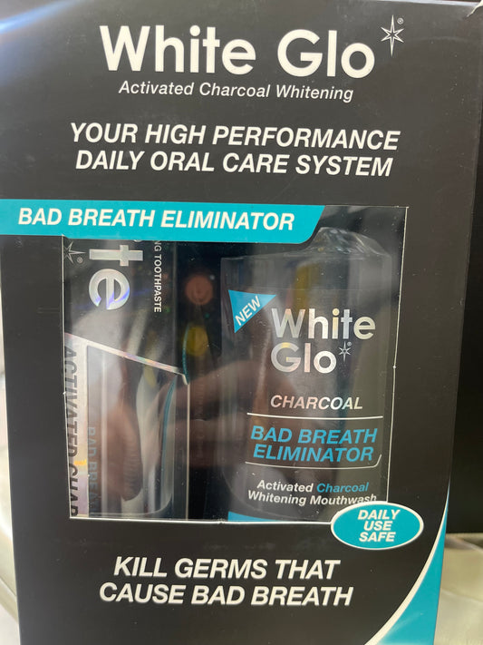 White glo bad breath eliminator mouth wash +tooth paste +brush 