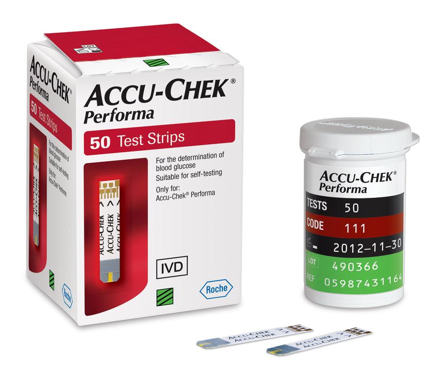 Accu-Chek Performa 50 test strips blood glucose monitoring box and vial