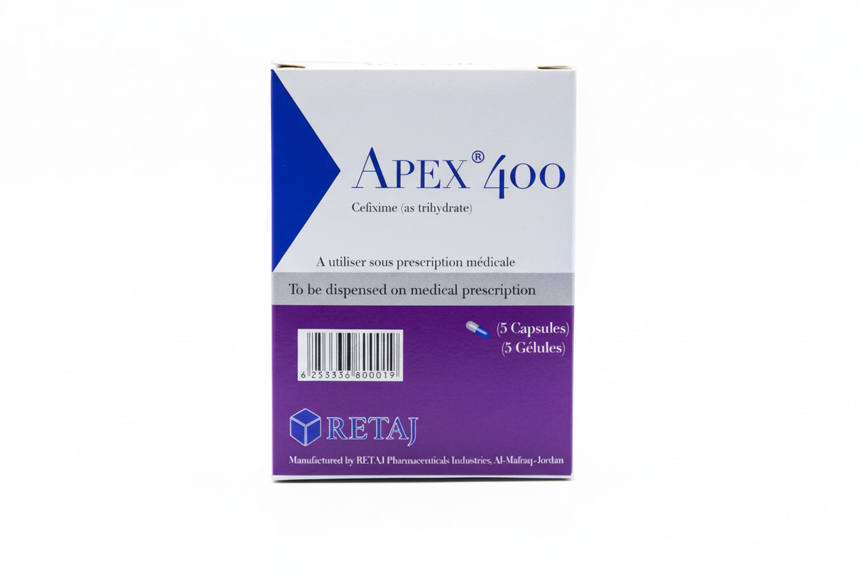 Apex 400mg capsules cefixime antibiotic bacterial infection treatment respiratory urinary tract throat ear infection broad spectrum cephalosporin Health Boutique
