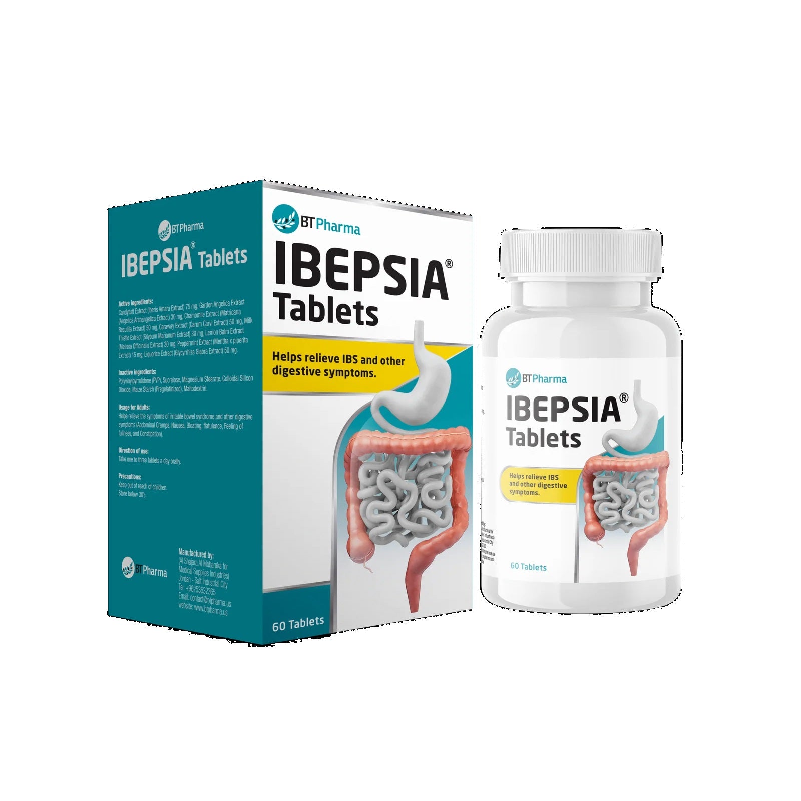 Bt Pharma Ibepsia herbal digestive tablets 60 pack bloating IBS relief peppermint ginger fennel supplement Health Boutique 