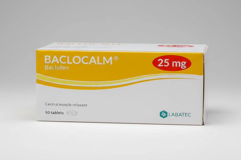 Baclocalm 25g 50 tablets baclofen muscle relaxant tablet box- health boutique Jordan