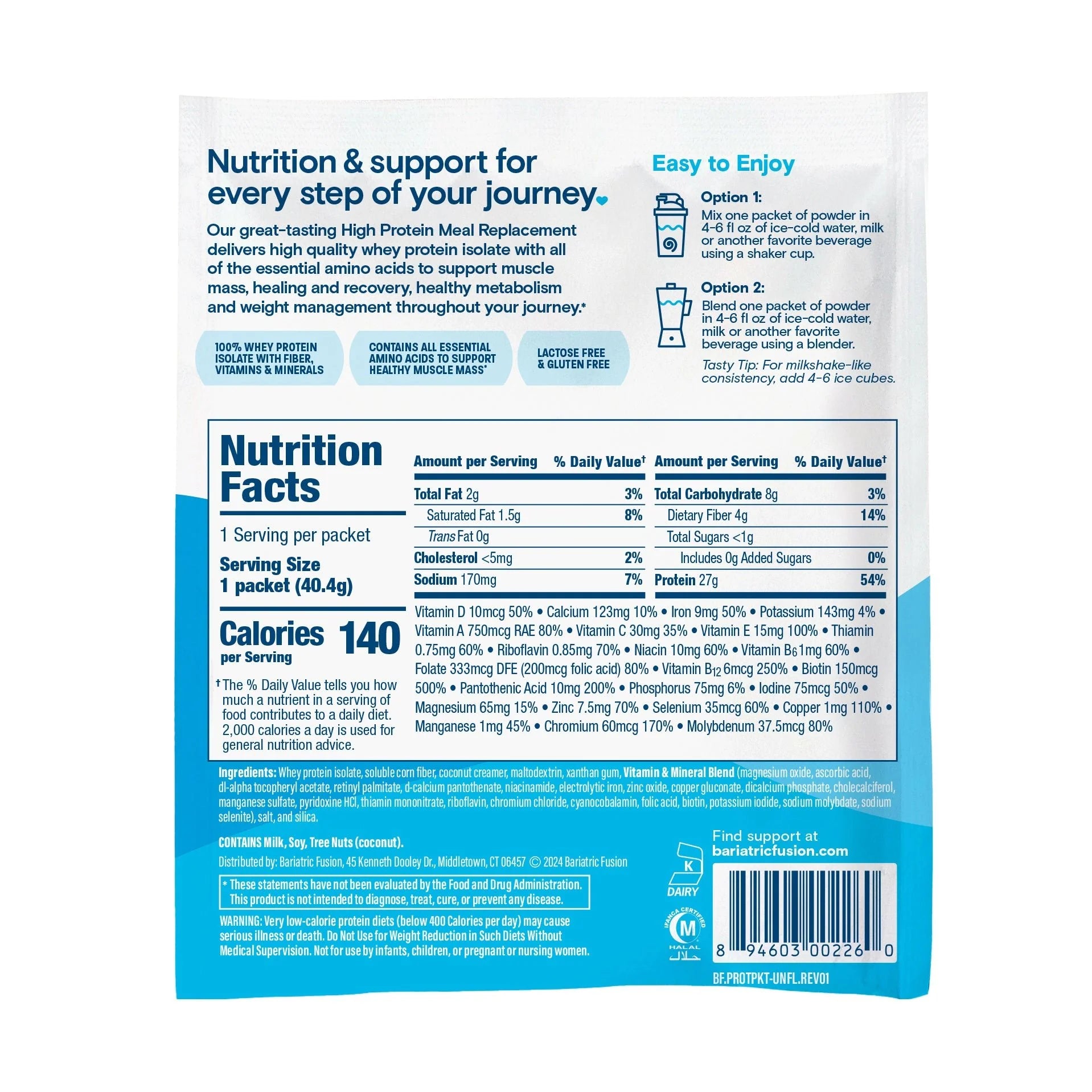 Bariatric Fusion Unflavored High Protein Meal Replacement 41.5 oz with 27 g protein Health Boutique