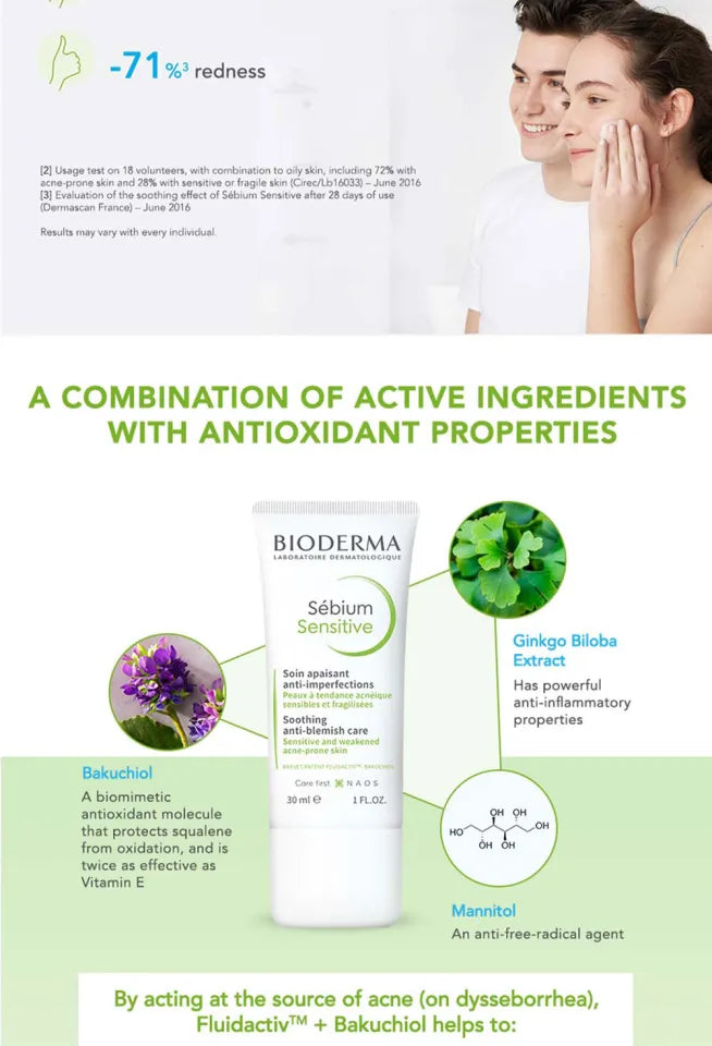 Bioderma Sebium Sensitive 30ml acne soothing cream oily sensitive skin non comedogenic Health Boutique