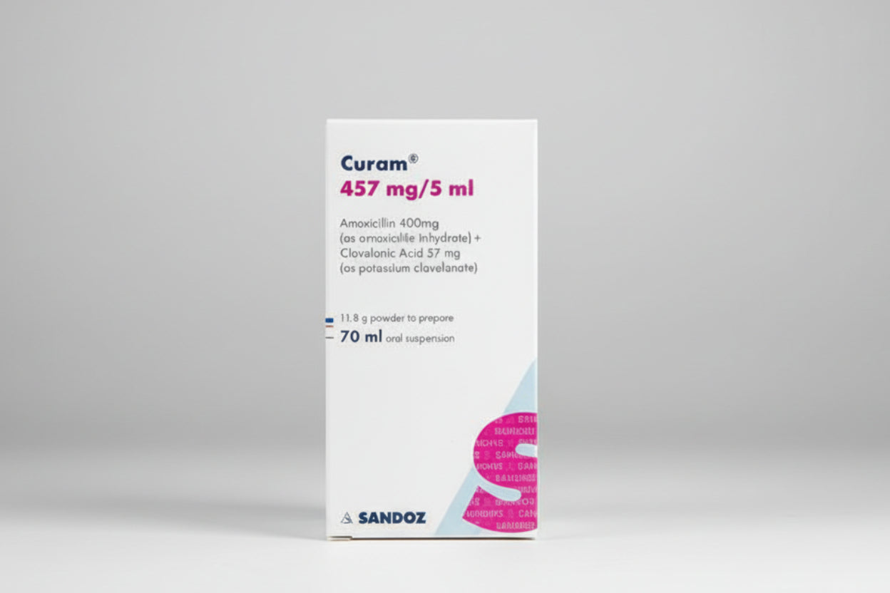 Curam 457 mg per 5 ml suspension 100 ml amoxicillin 400 mg clavulanic acid 57 mg pediatric antibiotic bottle