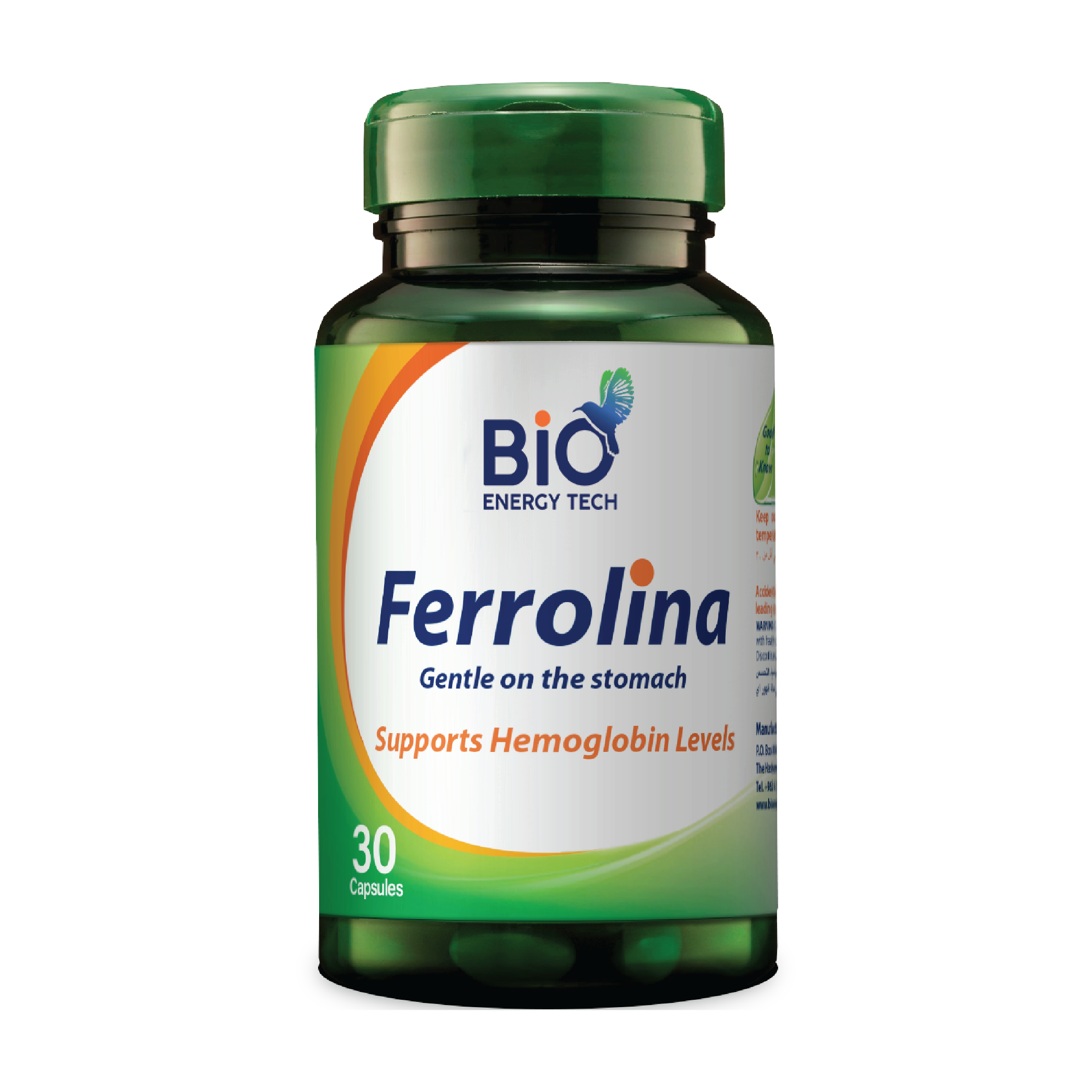 Bio Energy Ferrolina Iron with Spirulina Capsules - 27mg Ferrous Bisglycinate & 340mg Spirulina Supplement - Gentle on Stomach, 30 Capsules, Halal Certified