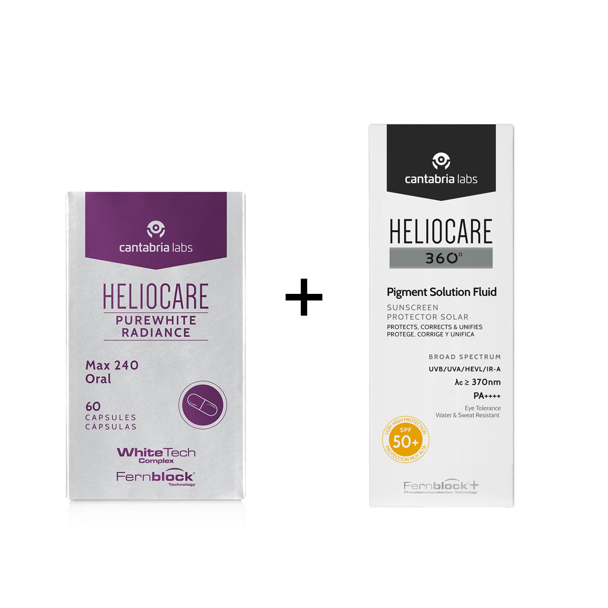 Heliocare Pigment Solution Fluid Sunscreen SPF 50 plus 50ml with Purewhite Radiance Max 240 oral capsules 60 caps Health Boutique