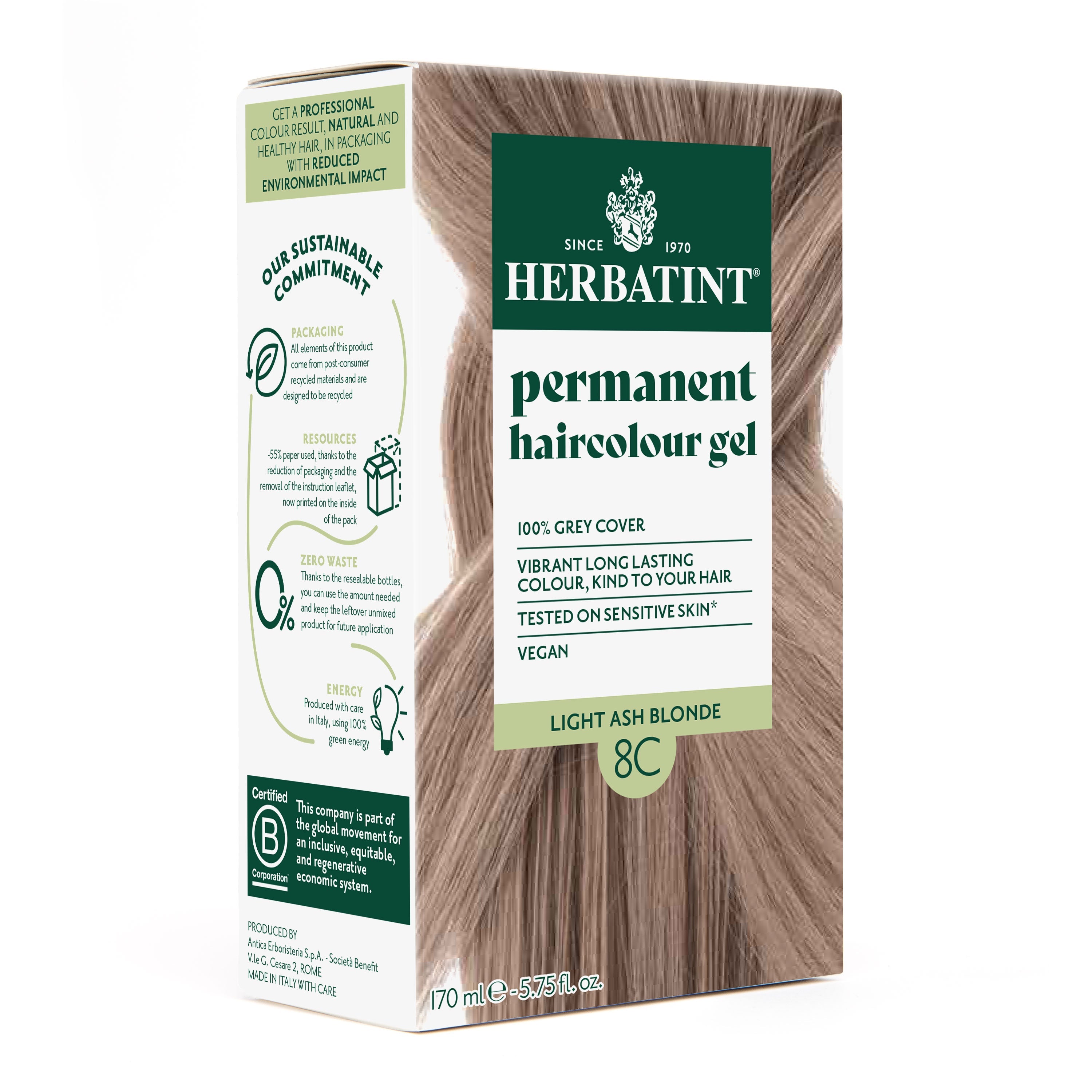 Herbatint 8C light ash blonde ammonia-free permanent hair dye gel 170ml botanical formula grey coverage Health Boutique