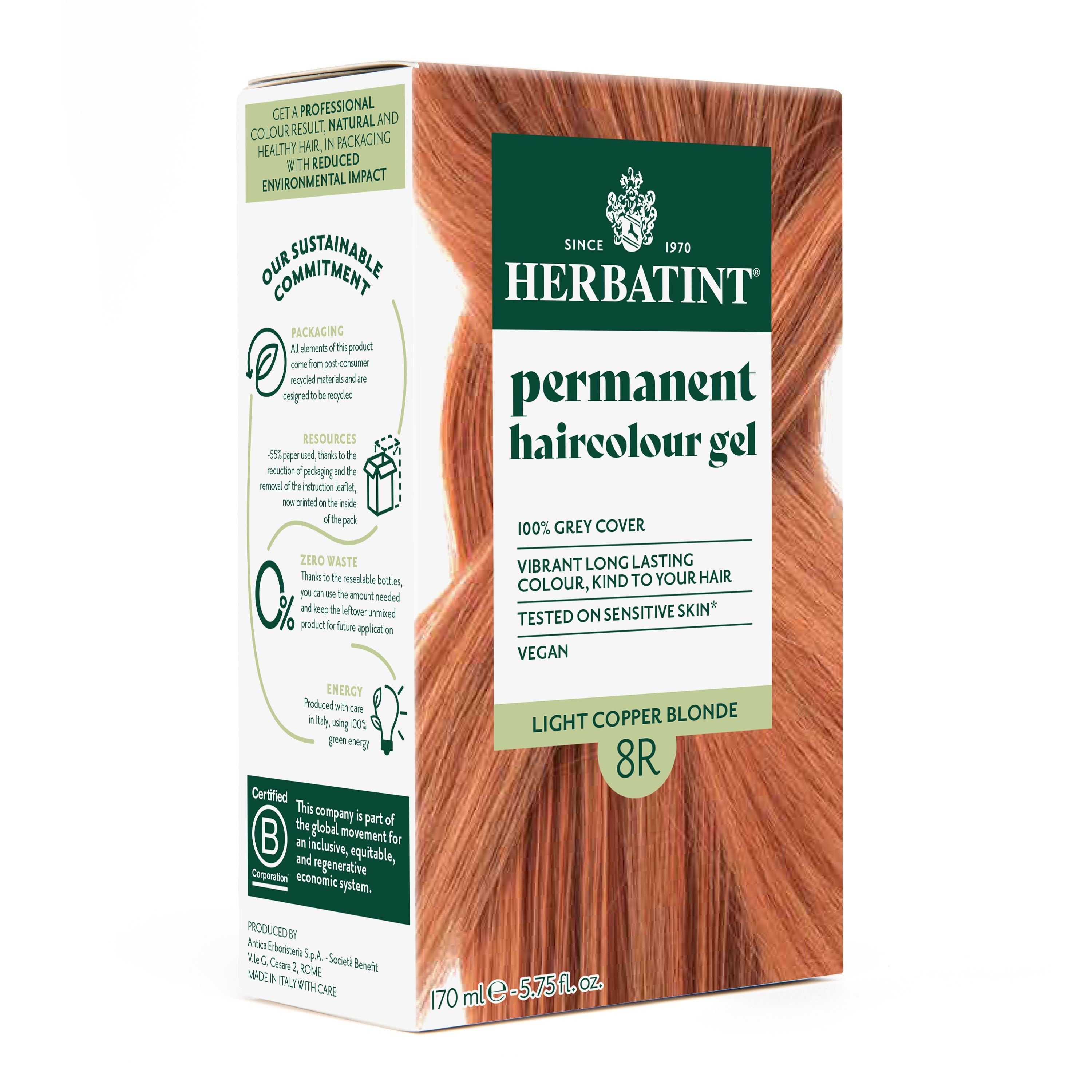 Herbatint 8R light copper blonde ammonia-free permanent hair dye gel 170ml warm radiant copper tones Health Boutique